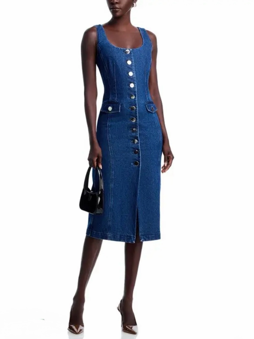 Toccin Raven Denim Scoop Neck Button Front Sleeveless Fitted Midi Dress sz 8 NWT